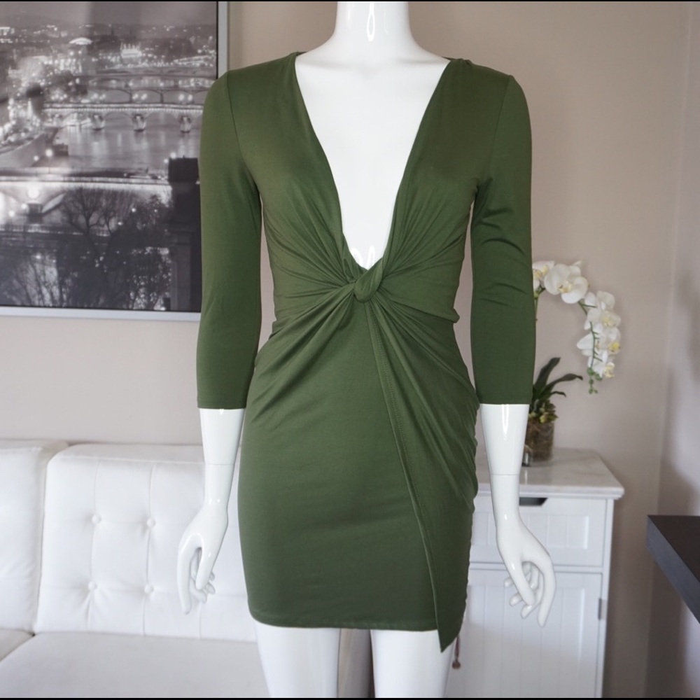 Long Sleeve Olive Knot Mini Dress Plunge V Neck